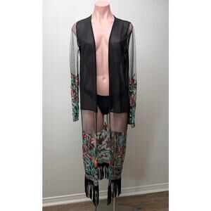 Sheer Floral Embroidered Fringe Kimono Duster Black Women’s M